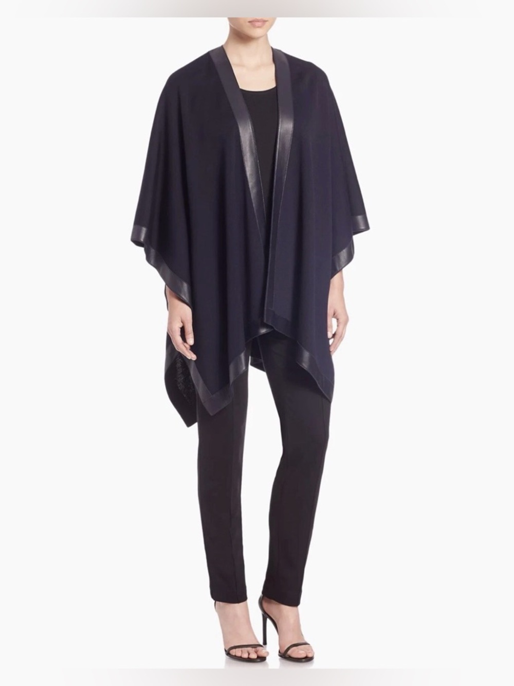 ST JOHN Wool Blend Leather  Trim cape wrap black